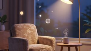 Уютный уголок для чтения с теплым вечерним освещением в 3D-интерьере от 3Д Графия